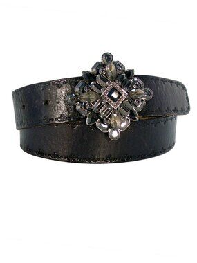 FOSSIL Tooled Leather Belt Black/Gunmetal/Smoky Crystal Buckle Women's M